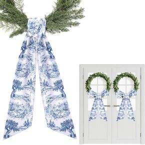 Blue French Toile Sash for Wreaths - 2 Pcs Rustic Wreath Sashes for Front Door Kitchen Cabinet, Wreath Sash for Monogram Embroidery Farmhouse Home Decor