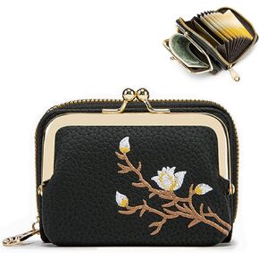 2 in 1 Credit Wallet, Floral Purse Wallets for Women, Ladies Coin Pouch With Card Slot, Vintage Change Holder with Kiss Lock and Zipper, Cute Removable Card Cases with Coin Purse (Black, Small)