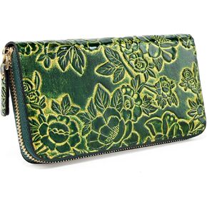 Vintage embossed women's zipper purse Stylish and elegant leather carved clutch bag for holding cards and mobile phone. (Brown)