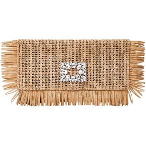 Verdusa Women's Rhinestone Fringe Straw Clutch Purses Holiday Woven Envelope Handbag