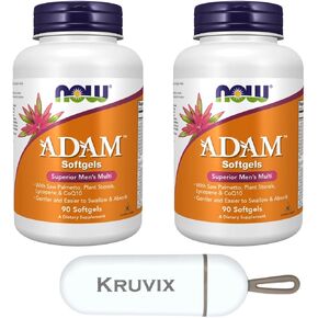 NOW Foods Supplements, ADAM™ Men's Multivitamin | with Saw Palmetto, Plant Sterols, Lycopene & CoQ10 | 90 Softgels - Pack of 2 with Pill Organizer