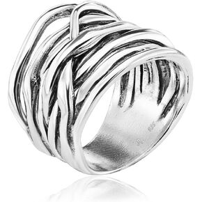 Jean Rachel Jewelry 925 Sterling Silver Ring - Wide Multi Strand Wrap Design - Hypoallergenic ، Lead & Nickel Free Jewelry - حلقات بيان مصنوعة يدويًا للنساء