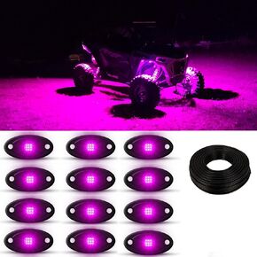 Pink Purple Rock Lights 12 Pods 6000K Pure Pink LED Rocks Lights Kit 39ft Extension Wires IP68 Waterproof for ATV RV UTV SUV Offroad Pickup Trucks Golf Boat Cars Fender Bright Lighting