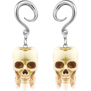 LADEMAYH 2Pcs 6g/2g/0g/00g Hooks Tunnels Plugs Gauges for Ears, Hypoallergenic Surgical 316L Stianless Steel Gothic Skull Tooth Shape Dangling Earrings for Women Men