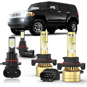 Compatible For Hummer H3 2006 2007 2008 2009 2010 LED Light Bulb,9008 Hi/Lo Light Bulbs + 9140/9145 Fog Light Bulbs,6000K White,500% Brightness 9008 9140 Bulb Combo,Plug and Play,Pack of 4