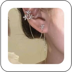 Vintage Flower Chain Ear Cuff Silver Rhinestone Flower Earrings Cz Floral Cuff Wrap Floral Cartilage Crystal Ear Climber Blossom Crawler Jewelry for Women