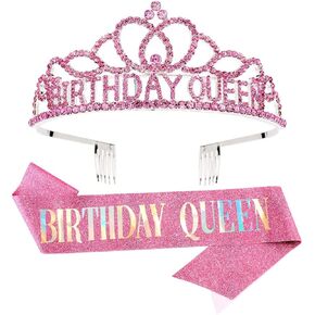 تاج عيد ميلاد Aoprie للنساء ملكة ملكة SASH للنساء TIARA للنساء فتاة عيد ميلاد عقال الأميرة التاج راينستون إكسسوارات عيد ميلاد سعيد الوردي