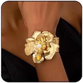 Chunky Gold Cuff Bracelets for Women Vintage Pearl Crystal Flower Bracelet Bohemian Style Open Bangle Chunky Flower Statement Wide Bracelet Birthday Party Wedding Jewelry in Kuwait