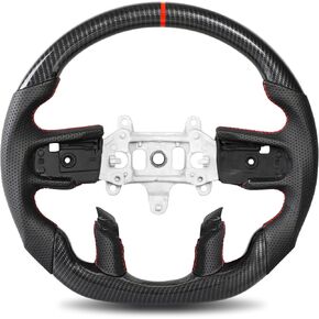 Hydro-dip Carbon Fiber Steering Wheel for Dodge Ram 1500 2019-2024 D-shaped Racing with Nappa Perforated Leather Grip Hand-stitched for Ram 1500 without Paddle Shifter No Heated