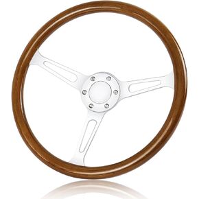 15 inch Wooden Steering Wheel, 6 Hole Bolt Racing Steering Wheel, Classic Wood Grain with Horn Button Steering Wheel for Chevrolet 1968-1968