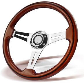 350MM Universal Racing/Golf Wooden Steering Wheel, 13.8-inch 3-Spoke Wooden Electroplated Long Ribbed Steering Wheel with Black Wire