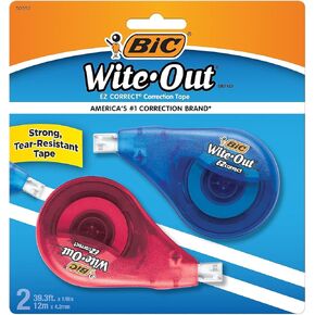 BIC Wite-Out Brand EZ Correct Correction Tape, 39.3 Feet, 2-Count Pack of white Correction Tape, Fast, Clean and Easy to Use Tear-Resistant Tape Office or School Supplies