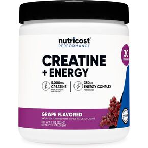 Nutricost Creatine + Energy 30 Servings (Grape Flavored) - 5,000mg Creatine Monohydrate + 350mg Energy Complex Per Serving