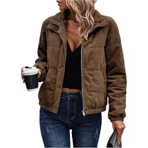 SOLY HUX Women's Corduroy Puffer Jacket Zip Up Snap Button Long Sleeve Padded Jackets Coat