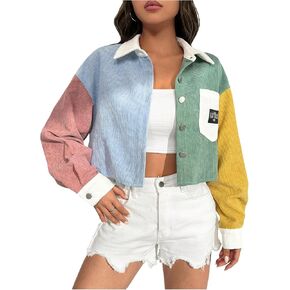 Women's Button Down Corduroy Crop Jacket Color Block Long Sleeve Cropped Coat Outwear