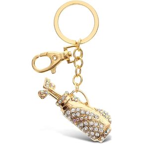 Puzzled Elegant Metal Ring Sparkling Gold Golf Clubs Charms Keychain Rust Resistant Alloy & Crystals Keyring Unique Backpack Handbag Purse Decoration - 4.5 Inches