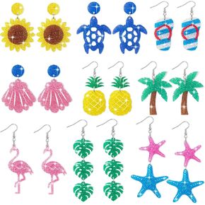 Y1tvei Summer Glitter Acrylic Earrings - 9 Pairs Hawaiian Flamingo Sea Turtle Sunflower Coconut Tree Dangle Set, Aesthetic Animals Plants Drop Jewelry Gifts for Girls Women Daily Beach Tropical Party