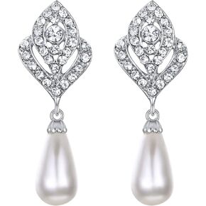 EVER FAITH Women's Austrian Crystal Cream Simulated Pearl Flower Bud Dangle Clip-on Earrings