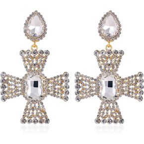 Statement Clip on Earrings Rhinestone Crystal Big Cross Clip on Earrings for Women Hypoallergenic Gold Clip Drop Dangle Earrings for Wedding Bride Formal Party Mother's Day Gifts