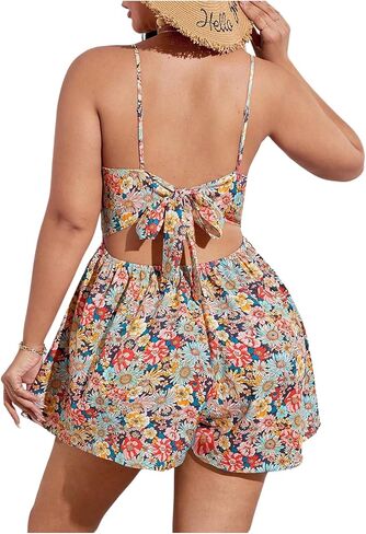 SHENHE Women's Plus Size Summer Boho Floral Romper Tie Back Bowknot Spaghetti Strap Jumpsuit in Saudi Arabia