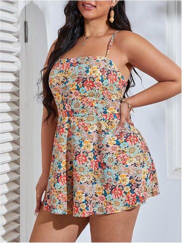 SHENHE Women's Plus Size Summer Boho Floral Romper Tie Back Bowknot Spaghetti Strap Jumpsuit in Saudi Arabia