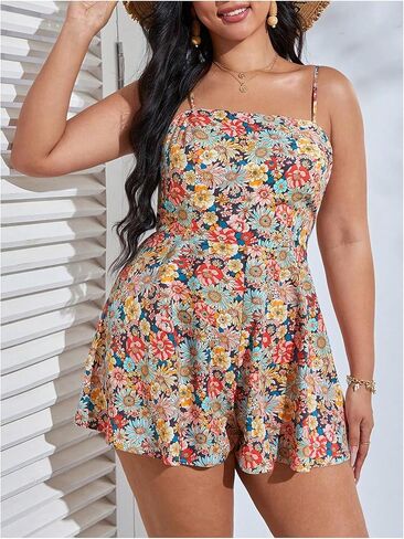 SHENHE Women's Plus Size Summer Boho Floral Romper Tie Back Bowknot Spaghetti Strap Jumpsuit in Saudi Arabia