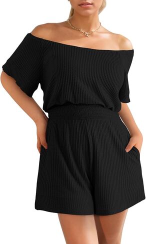 FixMatti Womens قبالة الكتف Romper Short Sleeve Smoocked Jeist Mini Justuit مع جيوب in Saudi Arabia