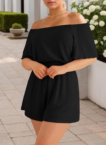 FixMatti Womens قبالة الكتف Romper Short Sleeve Smoocked Jeist Mini Justuit مع جيوب in Saudi Arabia