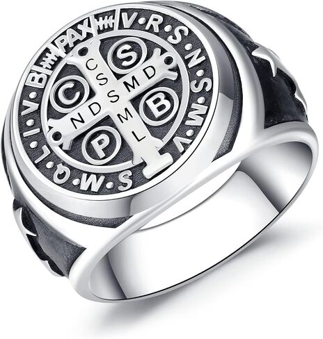 Odinstone Sterling Silver St Benedict Ring, Saint Benedict Exorcism Ring Catholic Roman Cross Protection Amulet Gifts for Men Size#7-13 in Kuwait