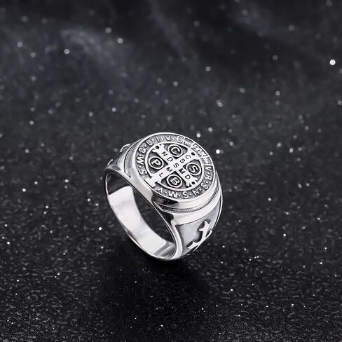 Odinstone Sterling Silver St Benedict Ring, Saint Benedict Exorcism Ring Catholic Roman Cross Protection Amulet Gifts for Men Size#7-13 in Kuwait