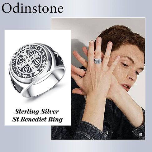 Odinstone Sterling Silver St Benedict Ring, Saint Benedict Exorcism Ring Catholic Roman Cross Protection Amulet Gifts for Men Size#7-13 in Kuwait