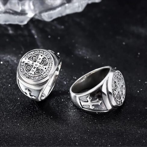 Odinstone Sterling Silver St Benedict Ring, Saint Benedict Exorcism Ring Catholic Roman Cross Protection Amulet Gifts for Men Size#7-13 in Kuwait