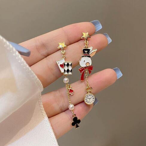 مقطع ملكة القلوب على غير مثقوب للنساء بطاقة اللعب الفريدة من نوعها Red Heart Poker Gold Rabbit Rabbit Long Clock Dangle Jewelry in Kuwait