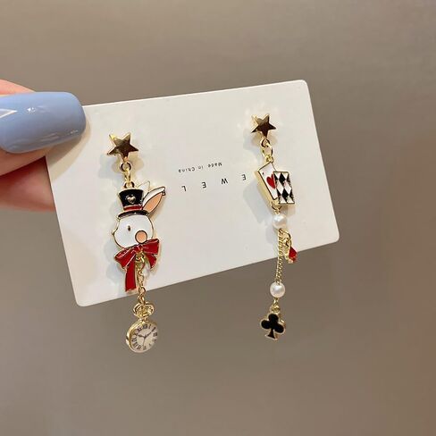 مقطع ملكة القلوب على غير مثقوب للنساء بطاقة اللعب الفريدة من نوعها Red Heart Poker Gold Rabbit Rabbit Long Clock Dangle Jewelry in Kuwait