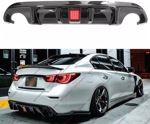الناشر الخلفي مع ضوء الفرامل الأحمر LED متوافق مع 2014-2017 Infiniti Q50 ، المصد الخلفي الملاءمة لعام 2014 2015 2017 (نمط ألياف الكربون) in Saudi Arabia