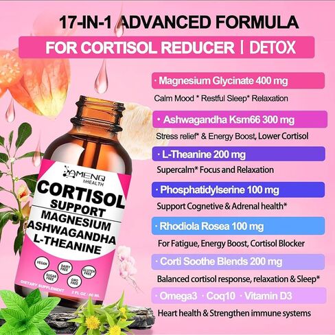 Cortisol Supplement Liquid Drops, 17-in-1 Cortisol Reducer w. Ksm-66 Ashwagandha Theanine Rhodiola Rosea Magnesium Phosphatidylserine, Hormone Balanced & Lower Cortisol for Women Calm* Relaxation in Kuwait