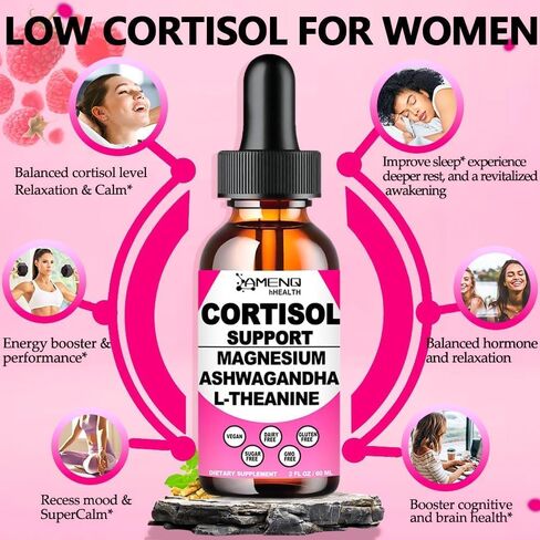 Cortisol Supplement Liquid Drops, 17-in-1 Cortisol Reducer w. Ksm-66 Ashwagandha Theanine Rhodiola Rosea Magnesium Phosphatidylserine, Hormone Balanced & Lower Cortisol for Women Calm* Relaxation in Kuwait