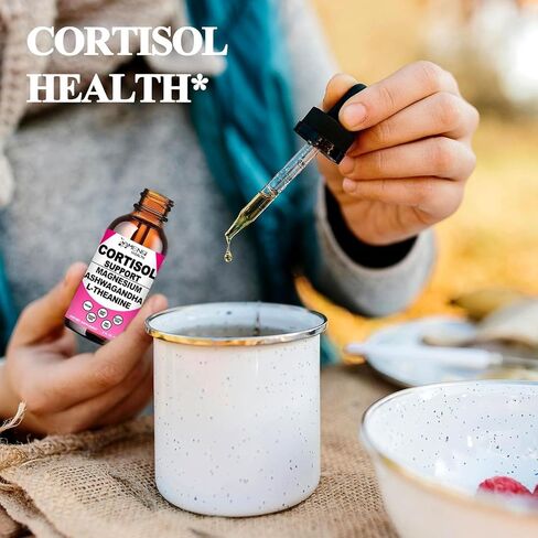 Cortisol Supplement Liquid Drops, 17-in-1 Cortisol Reducer w. Ksm-66 Ashwagandha Theanine Rhodiola Rosea Magnesium Phosphatidylserine, Hormone Balanced & Lower Cortisol for Women Calm* Relaxation in Kuwait