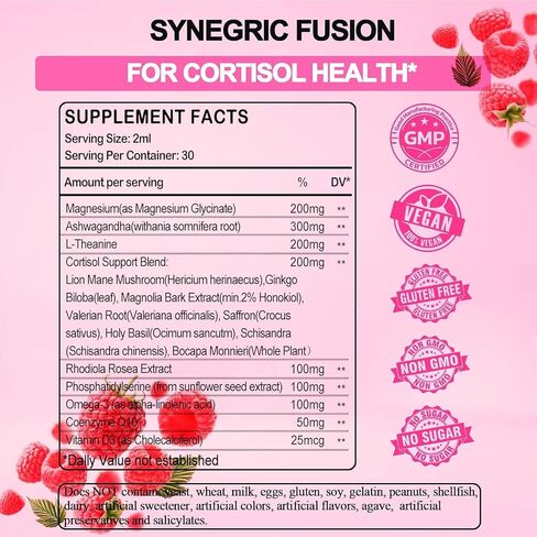 Cortisol Supplement Liquid Drops, 17-in-1 Cortisol Reducer w. Ksm-66 Ashwagandha Theanine Rhodiola Rosea Magnesium Phosphatidylserine, Hormone Balanced & Lower Cortisol for Women Calm* Relaxation in Kuwait