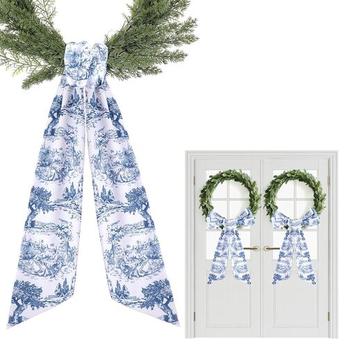 Blue French Toile Sash for Wreaths - 2 Pcs Rustic Wreath Sashes for Front Door Kitchen Cabinet, Wreath Sash for Monogram Embroidery Farmhouse Home Decor in Saudi Arabia