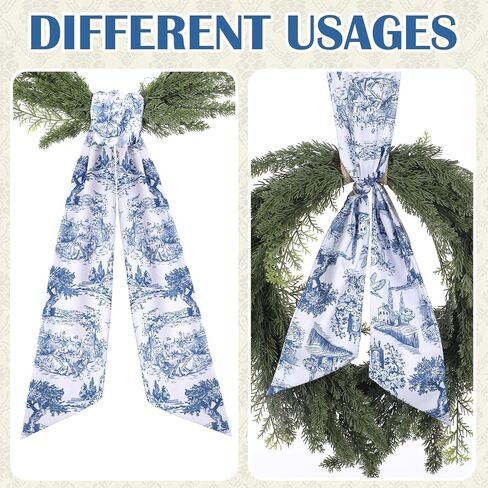 Blue French Toile Sash for Wreaths - 2 Pcs Rustic Wreath Sashes for Front Door Kitchen Cabinet, Wreath Sash for Monogram Embroidery Farmhouse Home Decor in Saudi Arabia