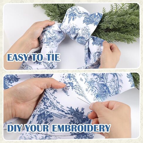 Blue French Toile Sash for Wreaths - 2 Pcs Rustic Wreath Sashes for Front Door Kitchen Cabinet, Wreath Sash for Monogram Embroidery Farmhouse Home Decor in Saudi Arabia