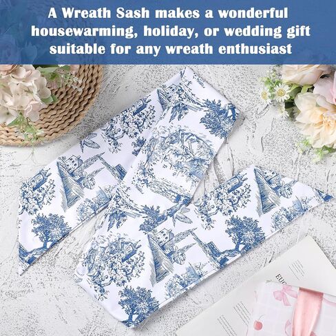 Blue French Toile Sash for Wreaths - 2 Pcs Rustic Wreath Sashes for Front Door Kitchen Cabinet, Wreath Sash for Monogram Embroidery Farmhouse Home Decor in Saudi Arabia