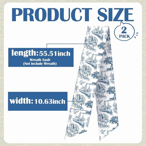 Blue French Toile Sash for Wreaths - 2 Pcs Rustic Wreath Sashes for Front Door Kitchen Cabinet, Wreath Sash for Monogram Embroidery Farmhouse Home Decor in Saudi Arabia