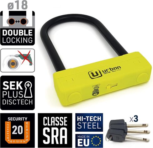 Urban UR120220 Motorcycle U Lock Maximum Security SRA Approved, Hardened Steel ø18mm/0.7in Shackle Double Locking, More Visible, 120x220mm/4.7x0,72in Multi-Purpose Heavy Duty Anti Theft U Lock in Kuwait