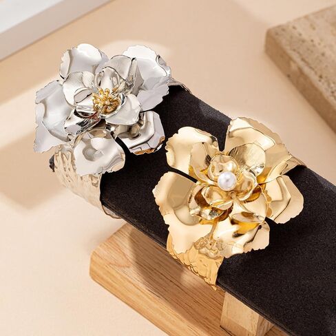 أساور الكفة الذهبية المكتنزة للنساء خمر لؤلؤة كريستال زهرة سوار البوهيمي على الطراز المفتوح الإسورة الزهرة مكتنزة بيان عري in Kuwait