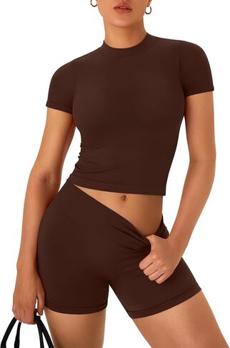 Olchee Womens تمرين مجموعات 2 قطعة صيفية سلسة scrunch بعقب القصيرة طاقم الرقبة تي شيرت مطابقة الملابس in Kuwait