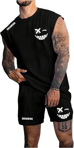 WDIRARA Men's Graphic Letter Print Tracksuits 2 Piece Outfits Sleeveless Tank Tops Drawstring Shorts Set in Saudi Arabia