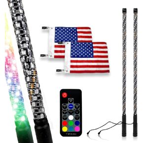 LED Whip Lights Antenna RGB Color Whips W/Flag fits ATV UTV RZR Off Road Sand Dune Buggy Wrangler 4X4 Quad Boat Marine (3 Feet Chase Dual)