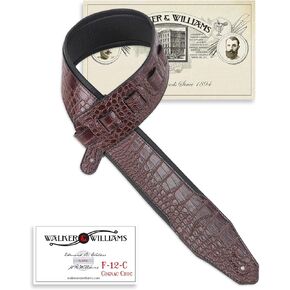 Walker & Williams F-12-C Cognac Brown 3" Wide Alligator Textured Padded Guitar Strap For Acoustic, Electric, And Bass Guitars